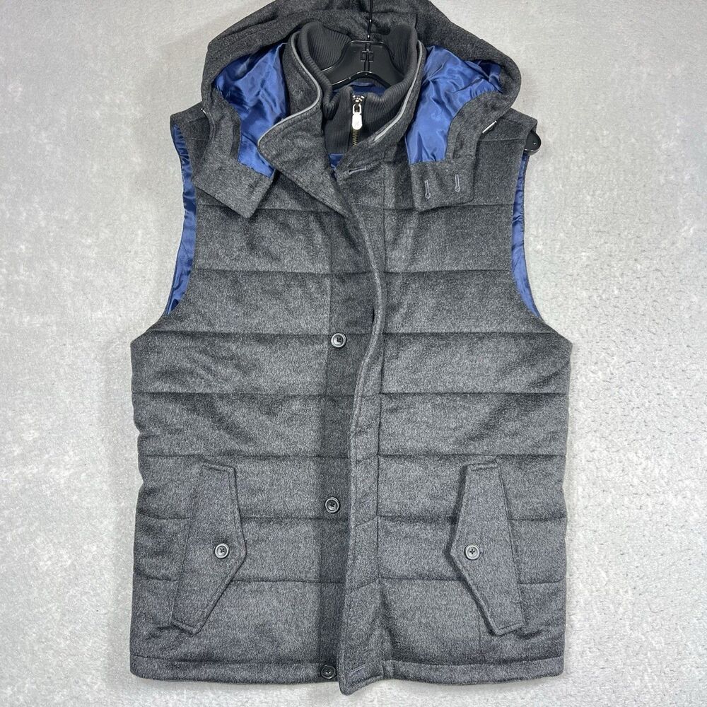 J Hilburn JNeville Vest Men’s 41L Gray/ Blue Pure Wool Quilted Insulated Hooded